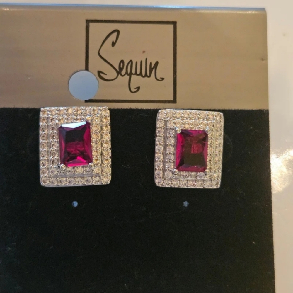 Red Pierced studded square earrings with center red stone surrounded white s…